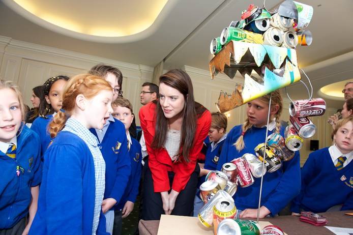 Actress Michelle Ryan with children from English Martyrs, and 'Mizuchi' their Japanese river serpent made from recycled